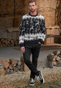 Next CHRISTMAS CREW NECK - Strickpullover - Black Ecru White Reindeer